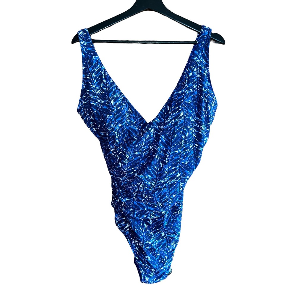 L.L.Bean One Piece Swimsuit Tummy Control UPF 50 Blue White Size 14